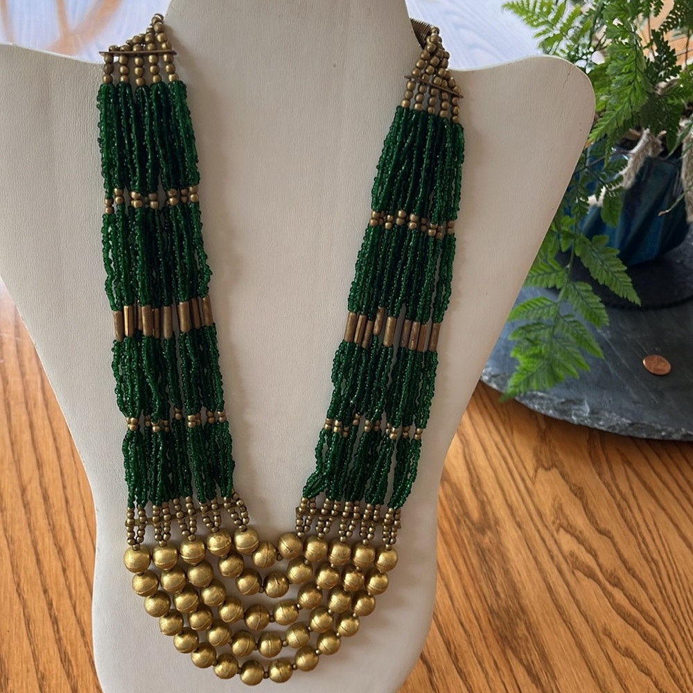 Green and Gold Beads Multilayered Statement Mixed Materials Artisan Necklace - Picture 10 of 17